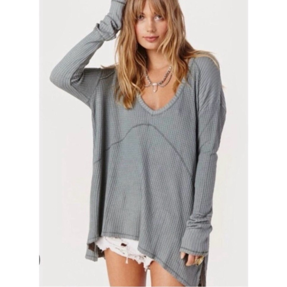 Free People Sunset Park Drippy Thermal waffle
top grey Heather new with tags